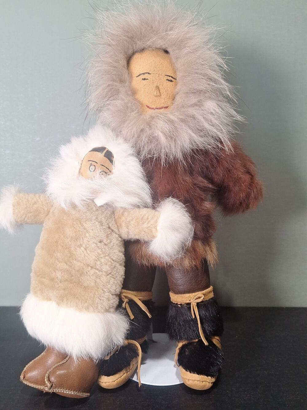 Vintage Inuit Eskimo Fur Doll Set Handmade Leather Parka 13" & 9" - Excellent